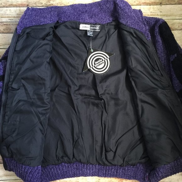 NWT Vintage Jamie Sadock Black & Purple Retro Print Chenille Zip Up Jacket Large - Picture 3 of 7
